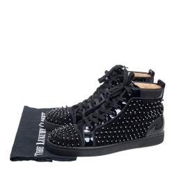 Pre Owned  Christian Louboutin Black Suede And Patent Leather Louis Spike Crystals High Top Sneakers Size 40.5 