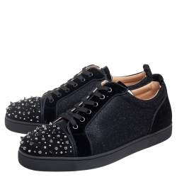 Christian Louboutin Black Suede And Lame Fabric Louis Junior Studded Low Top Sneakers Size 44.5