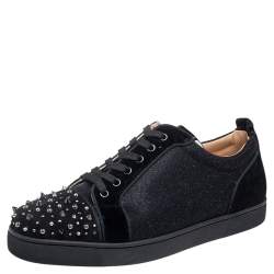 Christian Louboutin Black Suede And Lame Fabric Louis Junior Studded Low Top Sneakers Size 44.5