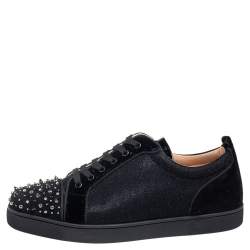 Christian Louboutin Black Suede And Lame Fabric Louis Junior Studded Low Top Sneakers Size 44.5