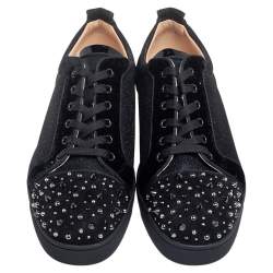 Christian Louboutin Black Suede And Lame Fabric Louis Junior Studded Low Top Sneakers Size 44.5