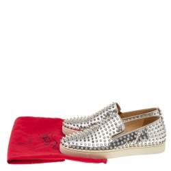 Christian Louboutin Metallic Silver Leather Roller Boat Spiked Slip On Sneakers Size 40