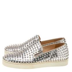 Christian Louboutin Metallic Silver Leather Roller Boat Spiked Slip On Sneakers Size 40