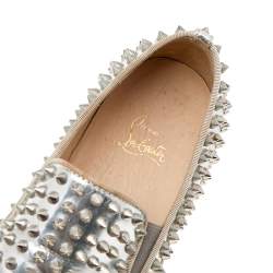 Christian Louboutin Metallic Silver Leather Roller Boat Spiked Slip On Sneakers Size 40