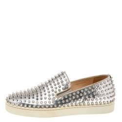 Christian Louboutin Metallic Silver Leather Roller Boat Spiked Slip On Sneakers Size 40