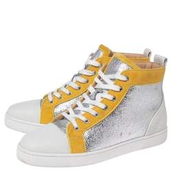 Pre Owned Christian Louboutin Tricolor Velvet and Crinkled Leather Louis High-Top Sneakers Size 43