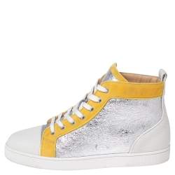 Pre Owned Christian Louboutin Tricolor Velvet and Crinkled Leather Louis High-Top Sneakers Size 43