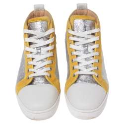 Pre Owned Christian Louboutin Tricolor Velvet and Crinkled Leather Louis High-Top Sneakers Size 43