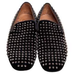 Pre Owned Christian Louboutin Black Velvet Rollerboy Spikes Smoking Slippers Size 44.5