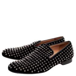 Pre Owned Christian Louboutin Black Velvet Rollerboy Spikes Smoking Slippers Size 44.5