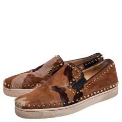 Pre Owned Christian Louboutin Tricolor Pony Hair Spike Pik Boat Slip On Sneakers Size 45