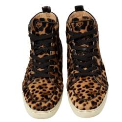 مملوكة مسبقًا حذاء رياضي كريستيان لوبوتان رانتوس أورلاتو جلد بنقشة الفهد بني بعنق مرتفع مقاس 43