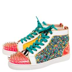 Pre Owned Christian Louboutin Multicolor Crystal Embellished Suede, Calf Hair and Patent Leather No Limit Spikes Cap-Toe Sneakers Size 42