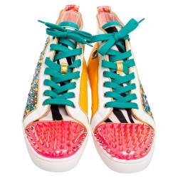 Pre Owned Christian Louboutin Multicolor Crystal Embellished Suede, Calf Hair and Patent Leather No Limit Spikes Cap-Toe Sneakers Size 42