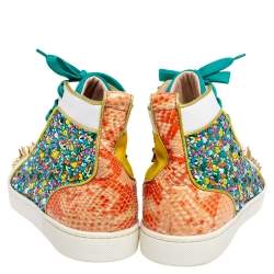 Pre Owned Christian Louboutin Multicolor Crystal Embellished Suede, Calf Hair and Patent Leather No Limit Spikes Cap-Toe Sneakers Size 42