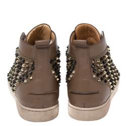 مملوكة مسبقًا Christian Louboutin Brown Leather Louis Orlato Spike High-Top Sneakers Size 42