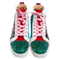Pre Owned Christian Louboutin Multicolor Logo Suede, Patent Leather and Glitter Lou Spikes High-Top Sneakers Size 44