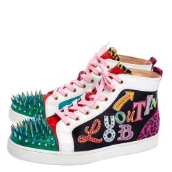 Pre Owned Christian Louboutin Multicolor Logo Suede, Patent Leather and Glitter Lou Spikes High-Top Sneakers Size 44