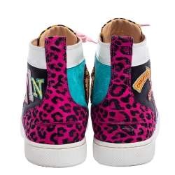 Pre Owned Christian Louboutin Multicolor Logo Suede, Patent Leather and Glitter Lou Spikes High-Top Sneakers Size 44