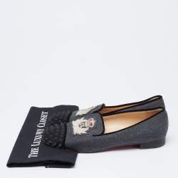 Pre Owned Christian Louboutin Grey/Black Wool and Suede Harvanana Spiked Cap-Toe Smoking Slippers Size 41