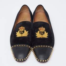 Pre Owned Christian Louboutin Black Suede and Leather Captain Loubi Spiked Smoking Slippers Size 42