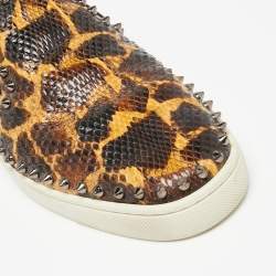Christian Louboutin Brown/Beige Leopard Print Python Leather Spike Slip-On Sneakers Size 42