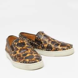 Christian Louboutin Brown/Beige Leopard Print Python Leather Spike Slip-On Sneakers Size 42