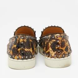 Christian Louboutin Brown/Beige Leopard Print Python Leather Spike Slip-On Sneakers Size 42