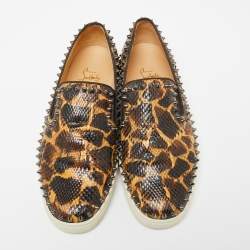 Christian Louboutin Brown/Beige Leopard Print Python Leather Spike Slip-On Sneakers Size 42