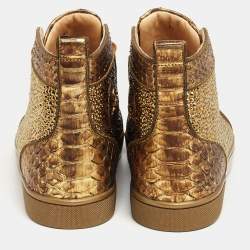 Christian Louboutin Bronze Python Leather and Crystal Embellished Suede Louis Orlato High-Top Sneakers Size 41