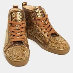 Christian Louboutin Bronze Python Leather and Crystal Embellished Suede Louis Orlato High-Top Sneakers Size 41