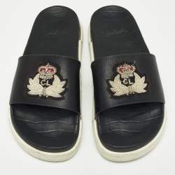 مملوكة مسبقًا Christian Louboutin Black Leather Crest Slide Sandals Size 41.5