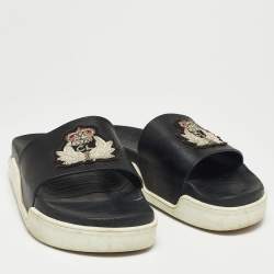 مملوكة مسبقًا Christian Louboutin Black Leather Crest Slide Sandals Size 41.5
