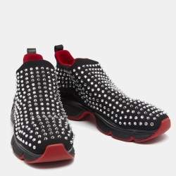 Pre Owned حذاء رياضي كريستيان لوبوتان قماش مرن أسود مرصع سبايك طراز ج ورب سليب أون نعل سميك مقاس 46