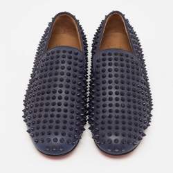 Christian Louboutin Navy Blue Leather Dandelion Spike Smoking Slippers Size 40
