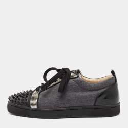 Pre Owned Christian Louboutin Grey/Black Fabric, Patent and Leather Junior Louis Spikes Low-Top Sneakers Size 40