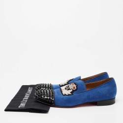 Christian Louboutin Blue/Black Suede and Patent Leather Harvanana Spiked Smoking Slippers Size 42