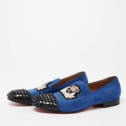 Christian Louboutin Blue/Black Suede and Patent Leather Harvanana Spiked Smoking Slippers Size 42