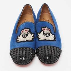 Christian Louboutin Blue/Black Suede and Patent Leather Harvanana Spiked Smoking Slippers Size 42
