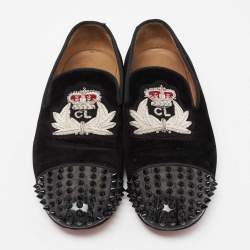 Christian Louboutin Black Suede and Patent Leather Harvanana Spiked Smoking Slippers Size 42
