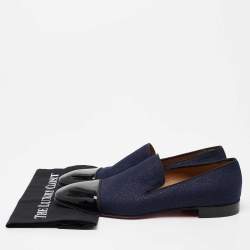مملوكة مسبقًا Christian Louboutin Indigo Blue/Black Fabric and Patent Leather Dandelion Cap Toe Smoking Slipper Size 43.5