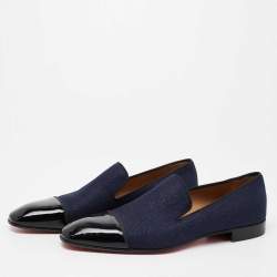مملوكة مسبقًا Christian Louboutin Indigo Blue/Black Fabric and Patent Leather Dandelion Cap Toe Smoking Slipper Size 43.5