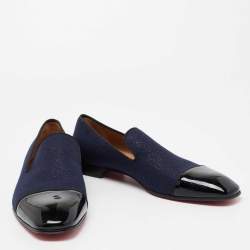مملوكة مسبقًا Christian Louboutin Indigo Blue/Black Fabric and Patent Leather Dandelion Cap Toe Smoking Slipper Size 43.5