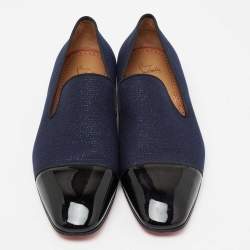 مملوكة مسبقًا Christian Louboutin Indigo Blue/Black Fabric and Patent Leather Dandelion Cap Toe Smoking Slipper Size 43.5