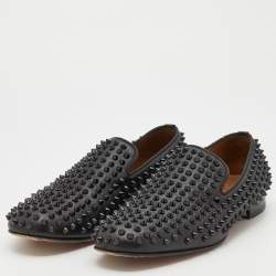 Pre Owned Christian Louboutin Black Leather Dandelion Spikes Smoking Slippers Size 41.5