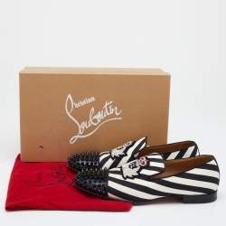 Christian Louboutin Black/White Patent Leather And Striped Canvas Havanana Spikes Smoking Slippers Size 42
