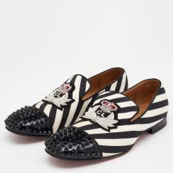 Christian Louboutin Black/White Patent Leather And Striped Canvas Havanana Spikes Smoking Slippers Size 42