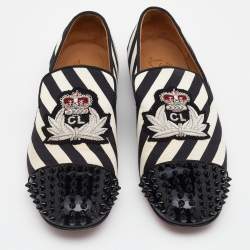Christian Louboutin Black/White Patent Leather And Striped Canvas Havanana Spikes Smoking Slippers Size 42