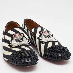 Christian Louboutin Black/White Patent Leather And Striped Canvas Havanana Spikes Smoking Slippers Size 42