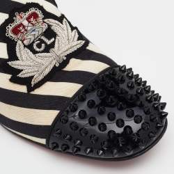 Christian Louboutin Black/White Patent Leather And Striped Canvas Havanana Spikes Smoking Slippers Size 42
